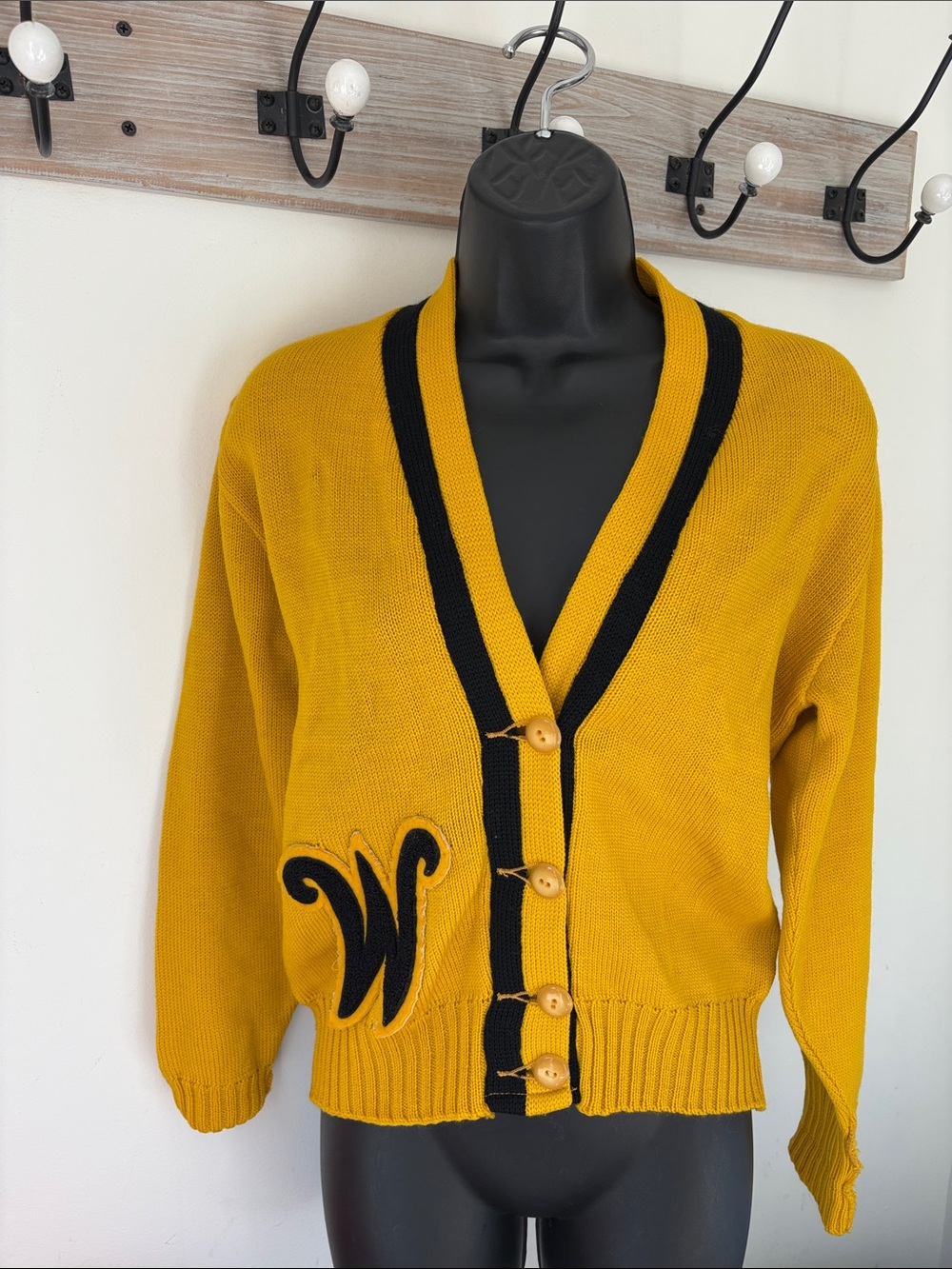 Vintage Letterman Sweater cardigan, 1950s 1960s cheerleader W mustard yellow